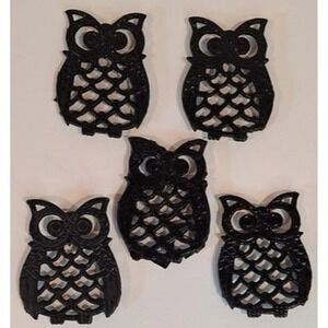 Vtg Black Owl Metal Footed Trivet Coaster Taiwan Lot Of 5 Mid-century modern